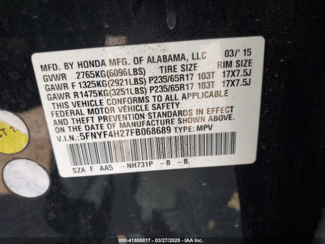 5FNYF4H27FB068689 Honda PILOT LX