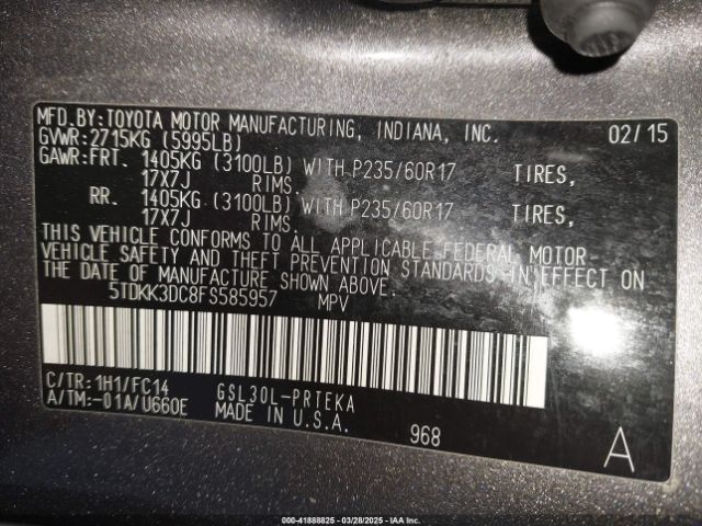 5TDKK3DC8FS585957 Toyota Sienna Le 8 Passenger