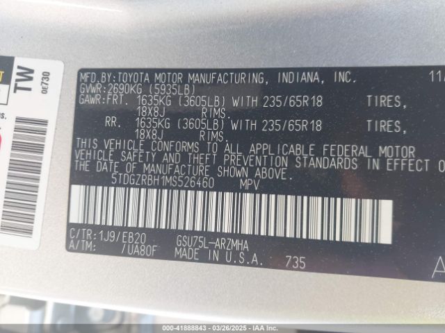 5TDGZRBH1MS526460 Toyota Highlander Xle