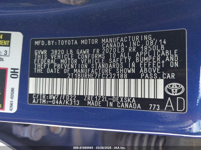 2T1BURHE7FC232188 Toyota Corolla S Plus