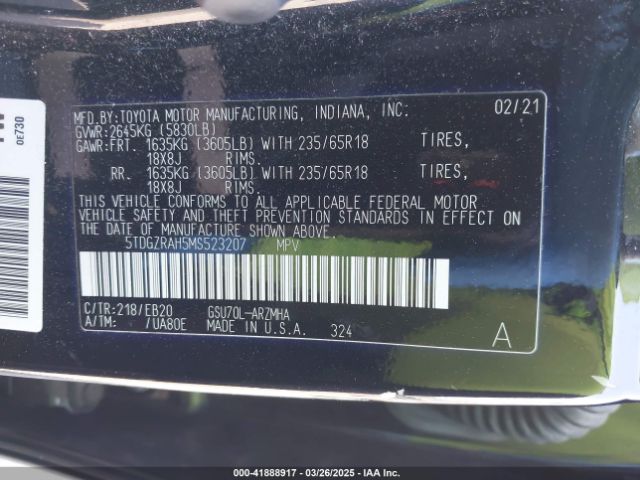 5TDGZRAH5MS523207 Toyota Highlander Xle