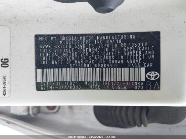5YFBURHE0KP889909 Toyota COROLLA LE