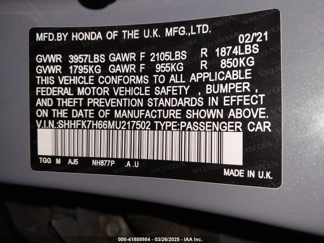 SHHFK7H66MU217502 Honda CIVIC EX