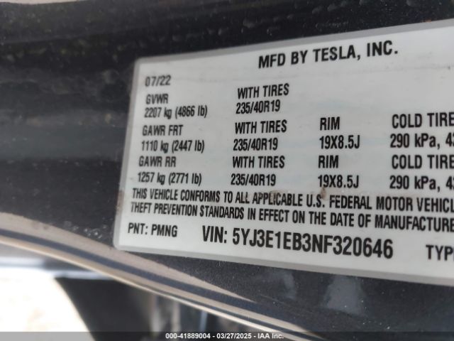 5YJ3E1EB3NF320646 Tesla Model 3 Long Range Dual Motor All-wheel Drive