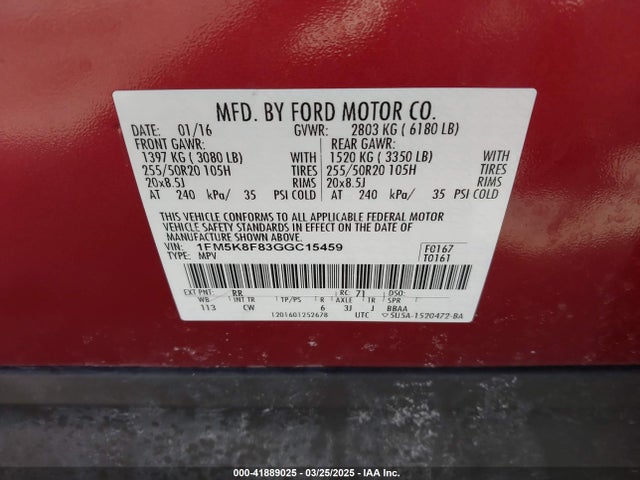 1FM5K8F83GGC15459 Ford Explorer Limited