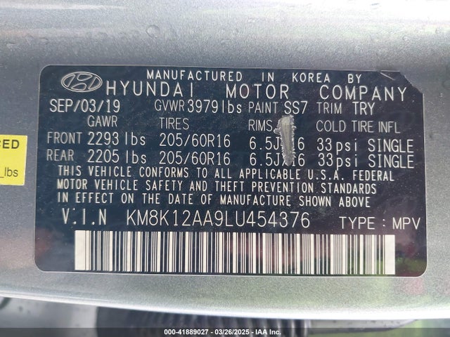 KM8K12AA9LU454376 Hyundai Kona Se