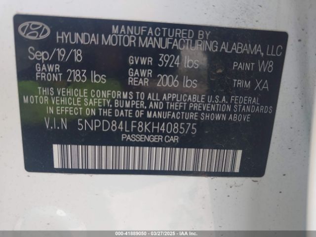 5NPD84LF8KH408575 Hyundai ELANTRA SEL