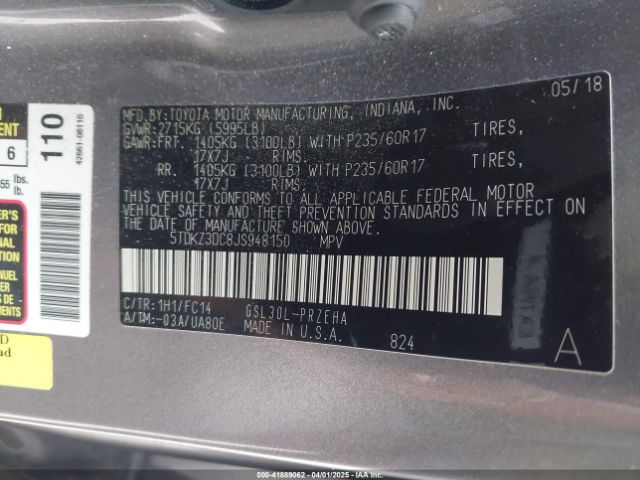 5TDKZ3DC8JS948150 Toyota Sienna Le 8 Passenger