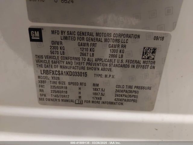 LRBFXCSA1KD033015 Buick Envision Fwd Essence