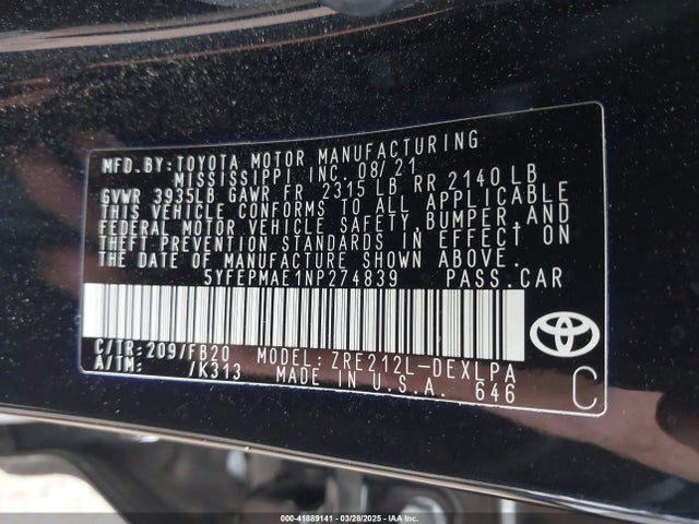 Toyota COROLLA LE 2022 5YFEPMAE1NP274839 Image 9