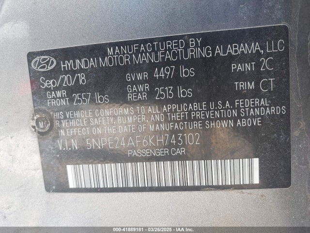 5NPE24AF6KH743102 Hyundai SONATA SE