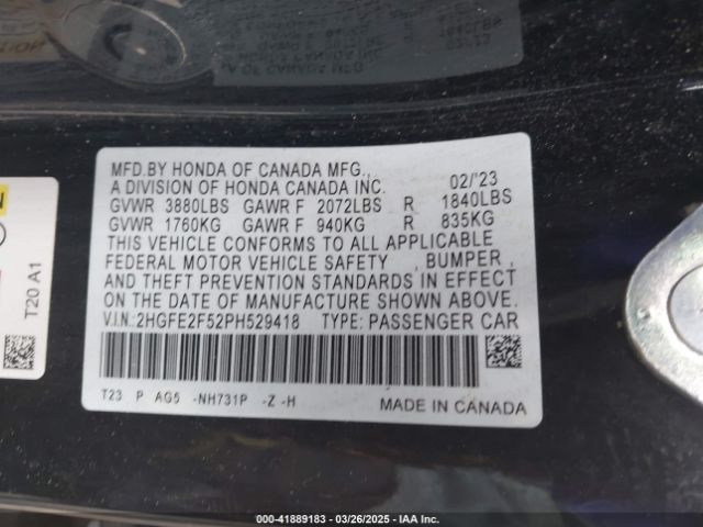 2HGFE2F52PH529418 Honda Civic Sport