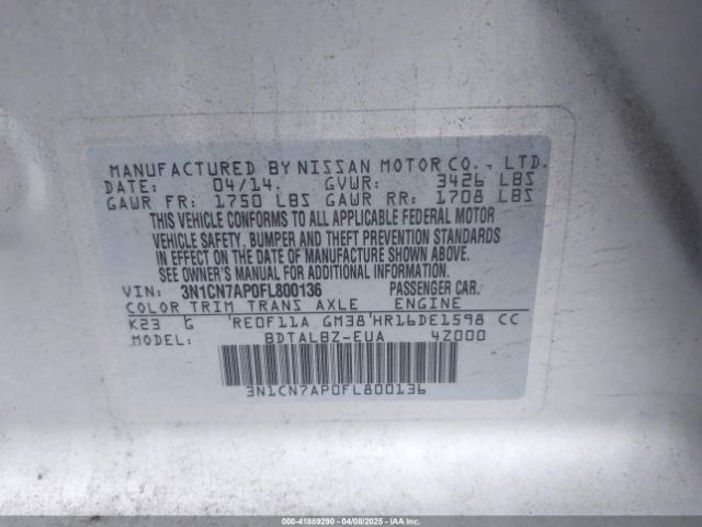 3N1CN7AP0FL800136 Nissan Versa 1.6 Sv