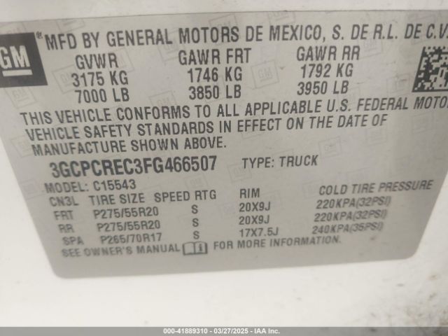 3GCPCREC3FG466507 Chevrolet Silverado 1500 1lt