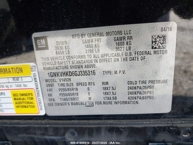 1GNKVHKD6GJ335316 Chevrolet Traverse 2lt