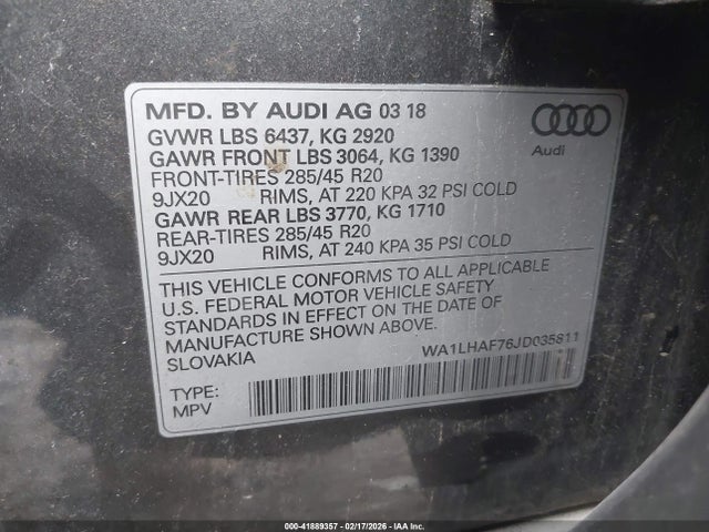Продаж на аукціоні авто 2018 Audi Q7 2.0t Premium, vin: WA1LHAF76JD035811, номер лоту: 41889357