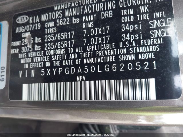 5XYPGDA50LG620521 KIA Sorento 3.3l Lx