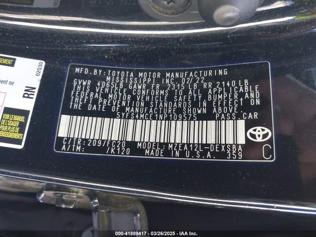 5YFS4MCE1NP109575 Toyota COROLLA SE