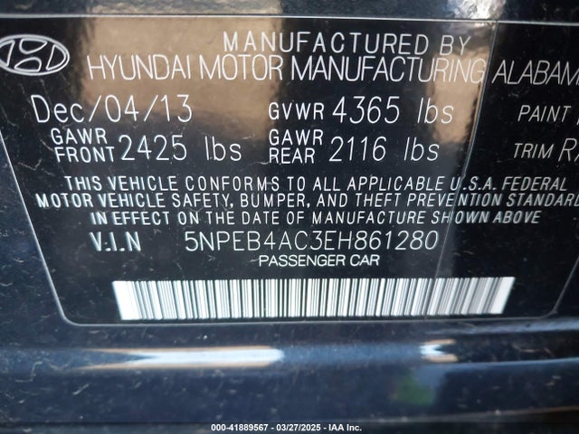 5NPEB4AC3EH861280 Hyundai SONATA GLS