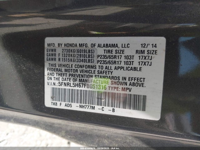 5FNRL5H67FB051316 Honda Odyssey Ex-l