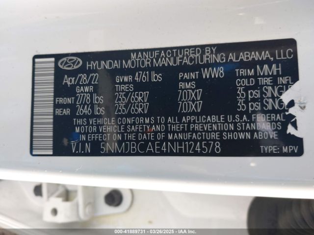 5NMJBCAE4NH124578 Hyundai TUCSON SEL