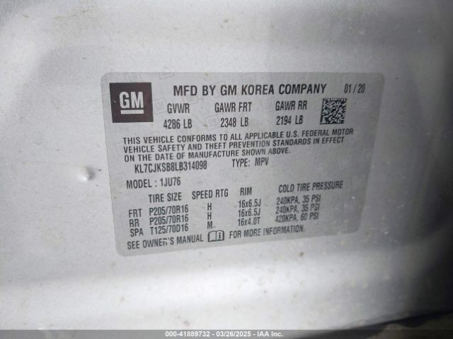 KL7CJKSB8LB314098 Chevrolet Trax Fwd Ls