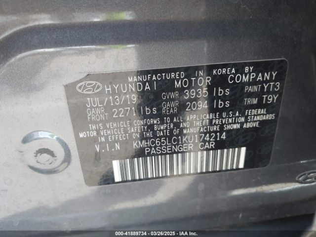 KMHC65LC1KU174214 Hyundai Ioniq Hybrid Blue