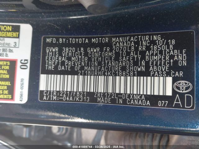 2T1BURHE4KC188581 Toyota COROLLA LE