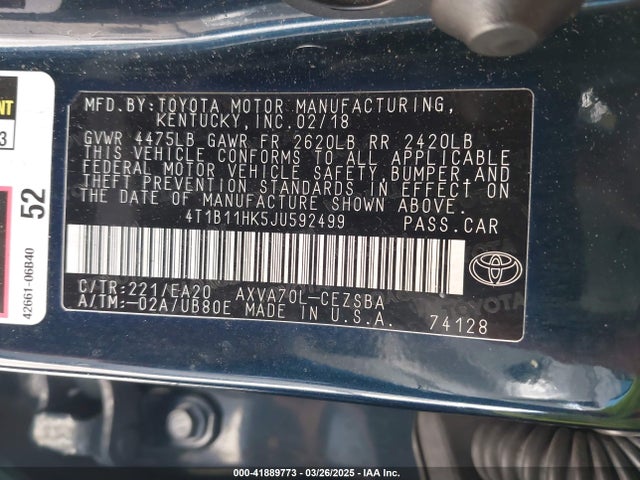 4T1B11HK5JU592499 Toyota CAMRY SE