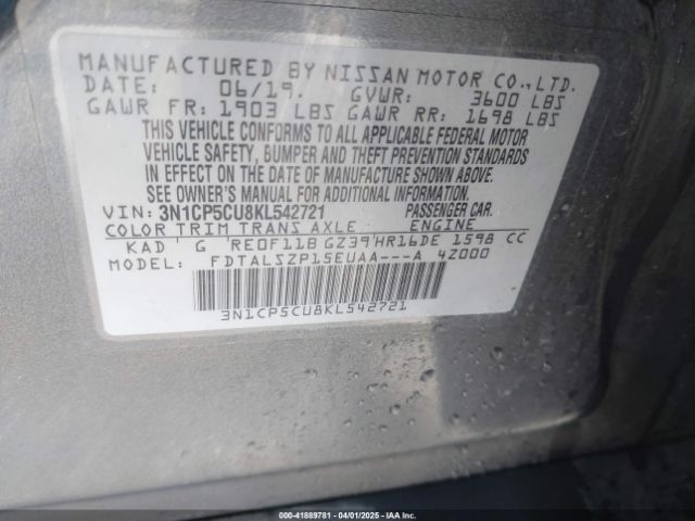 3N1CP5CU8KL542721 Nissan KICKS SV
