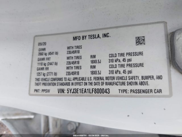 2020 TESLA MODEL 3 5YJ3E1EA1LF800043 Photo 8