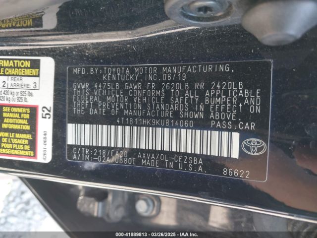 2019 TOYOTA CAMRY 4T1B11HK9KU814060 Photo 8