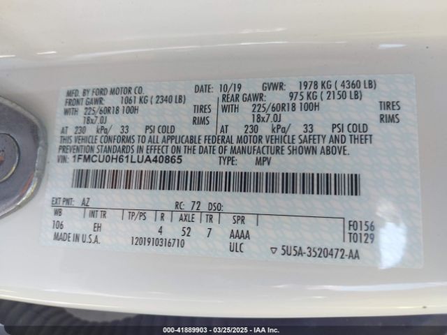 1FMCU0H61LUA40865 Ford ESCAPE SEL