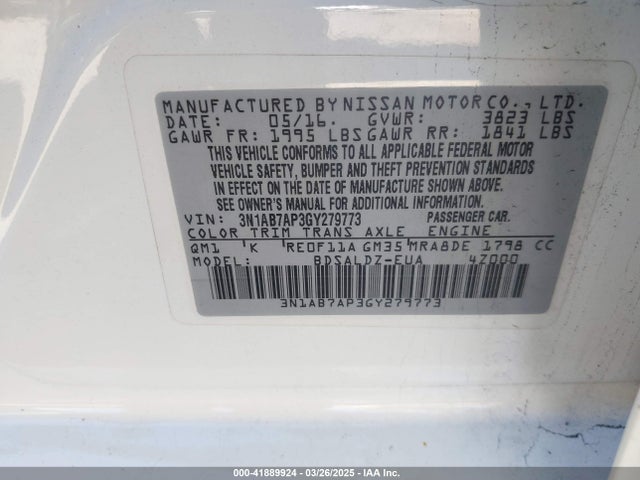 3N1AB7AP3GY279773 Nissan Sentra Fe+ S/s/sl/sr/sv