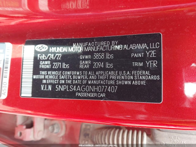 5NPLS4AG0NH077407 Hyundai ELANTRA SEL