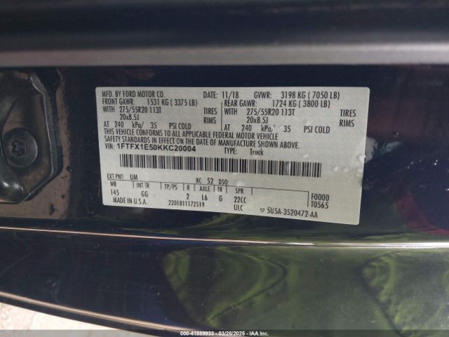 1FTFX1E50KKC20004 Ford F-150 Xl
