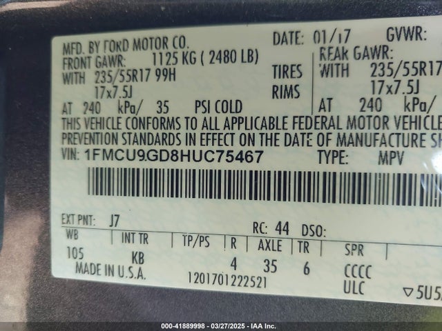 1FMCU9GD8HUC75467 Ford ESCAPE SE