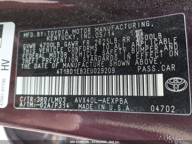 4T1BD1EB3EU029209 Toyota Avalon Hybrid Limited