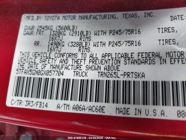 5TFAX5GN0GX057704 Toyota Tacoma Sr