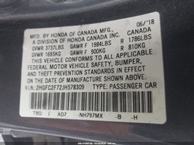 2HGFC2F72JH578309 Honda CIVIC EX