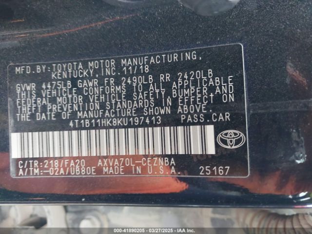 4T1B11HK8KU197413 Toyota CAMRY LE