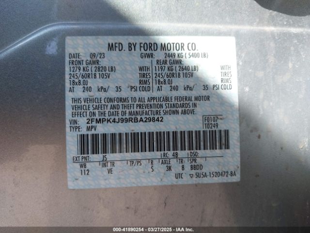 2FMPK4J99RBA29842 Ford EDGE SEL
