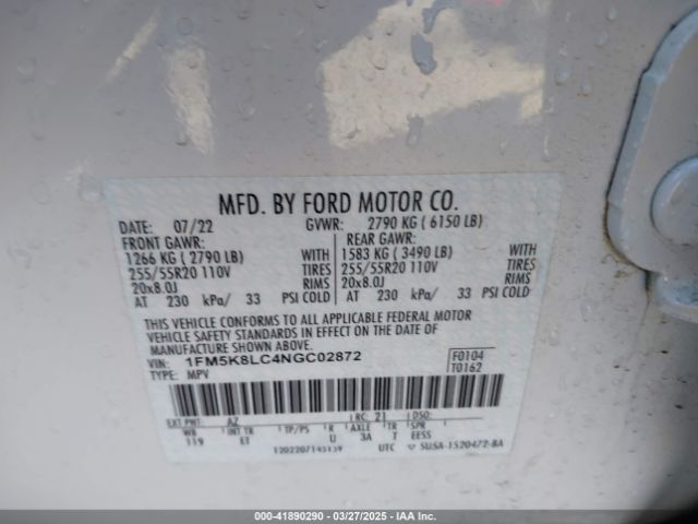 1FM5K8LC4NGC02872 Ford Explorer King Ranch
