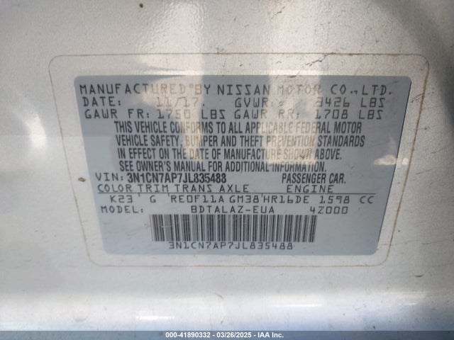 3N1CN7AP7JL835488 Nissan Versa 1.6 S+