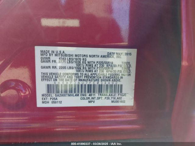 4A4AP3AU7FE034492 Mitsubishi Outlander Sport Es