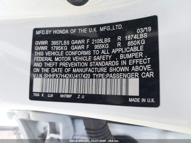 SHHFK7H42KU417420 Honda Civic Sport