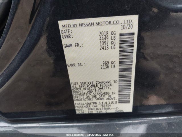 1N4BL4DW7MN314183 Nissan Altima Sv Intelligent Awd