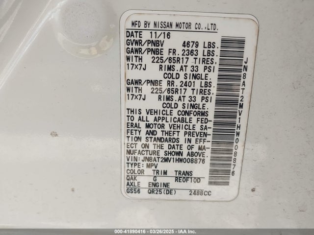 JN8AT2MV1HW008876 Nissan ROGUE S