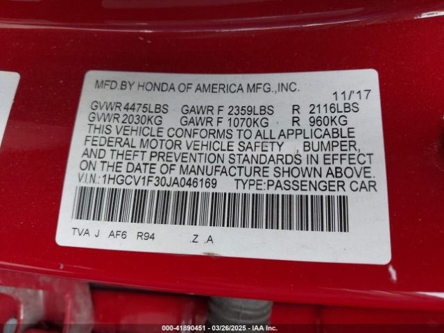 1HGCV1F30JA046169 Honda Accord Sport
