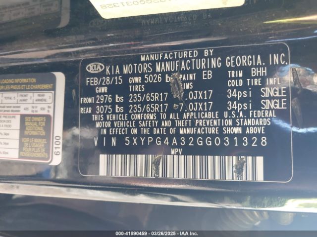 5XYPG4A32GG031328 KIA Sorento 2.4l Lx